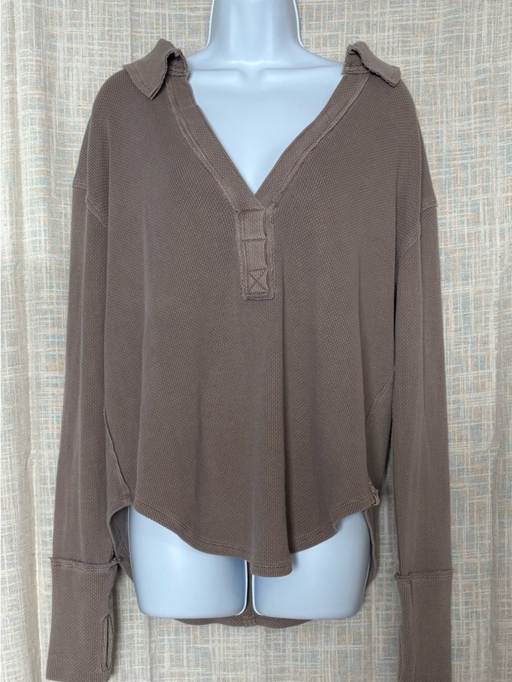 We The Free Free People - Anakin Thermal - Taupe Waffle Knit V-Neck Pullover SM